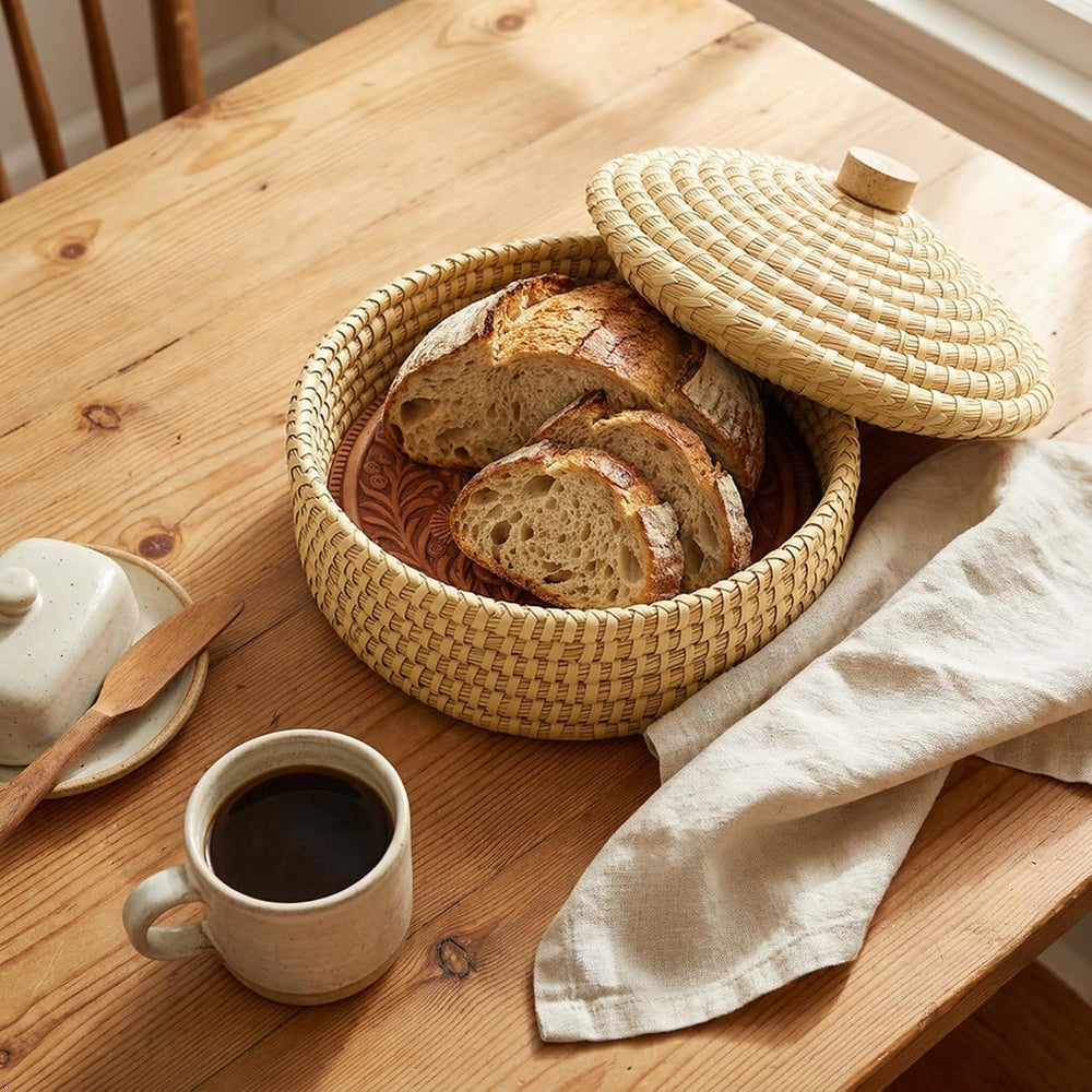 Round Bread Warming Basket with Lid and Terracotta Warmer stone for Serving T...