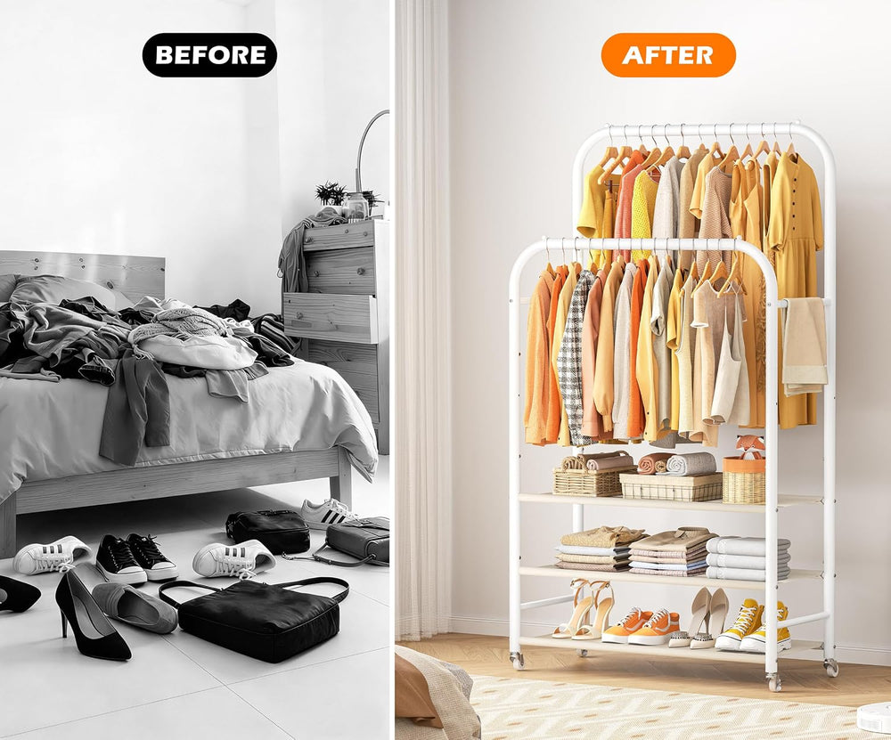 HOMIDEC Clothes Rack,Double Rods Clothing Rack with 3 Tier Shelve&Wheels