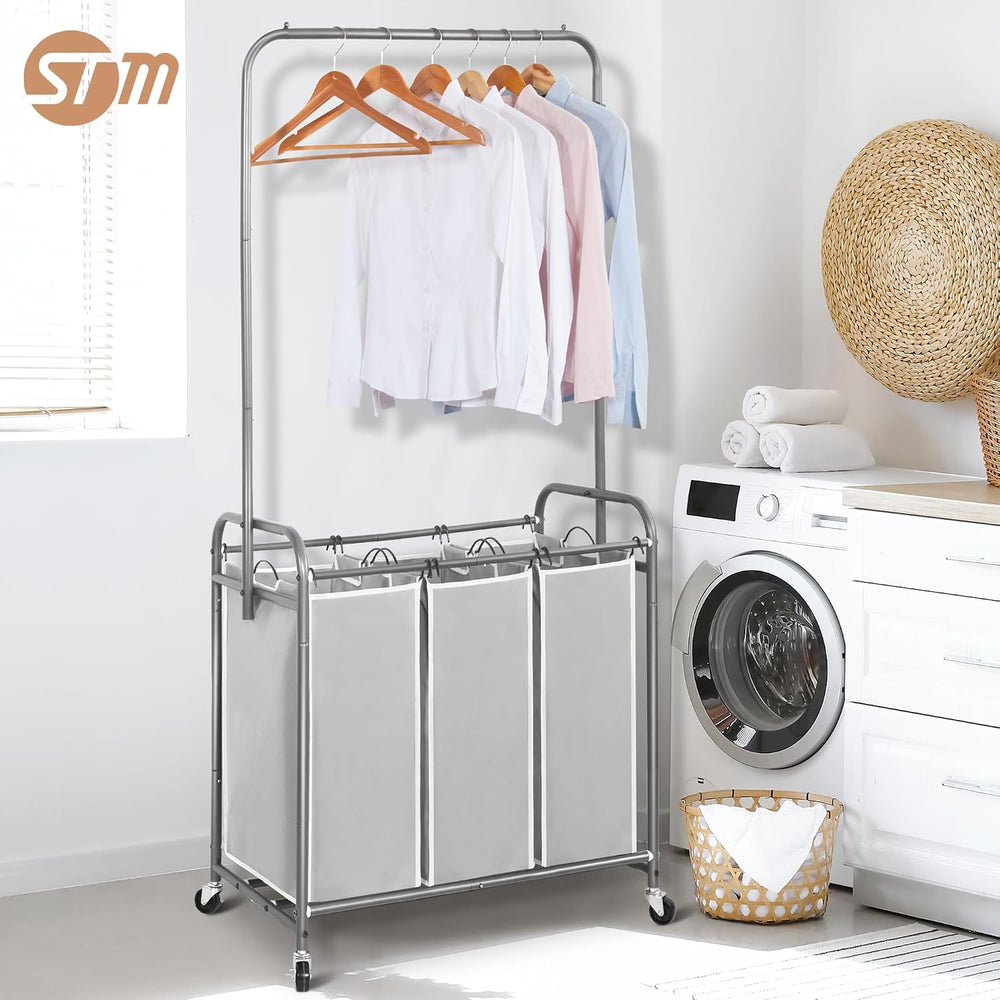 STORAGE MANIAC 136L Laundry Sorter with Hanging Bar, Portable, Removable Laun...