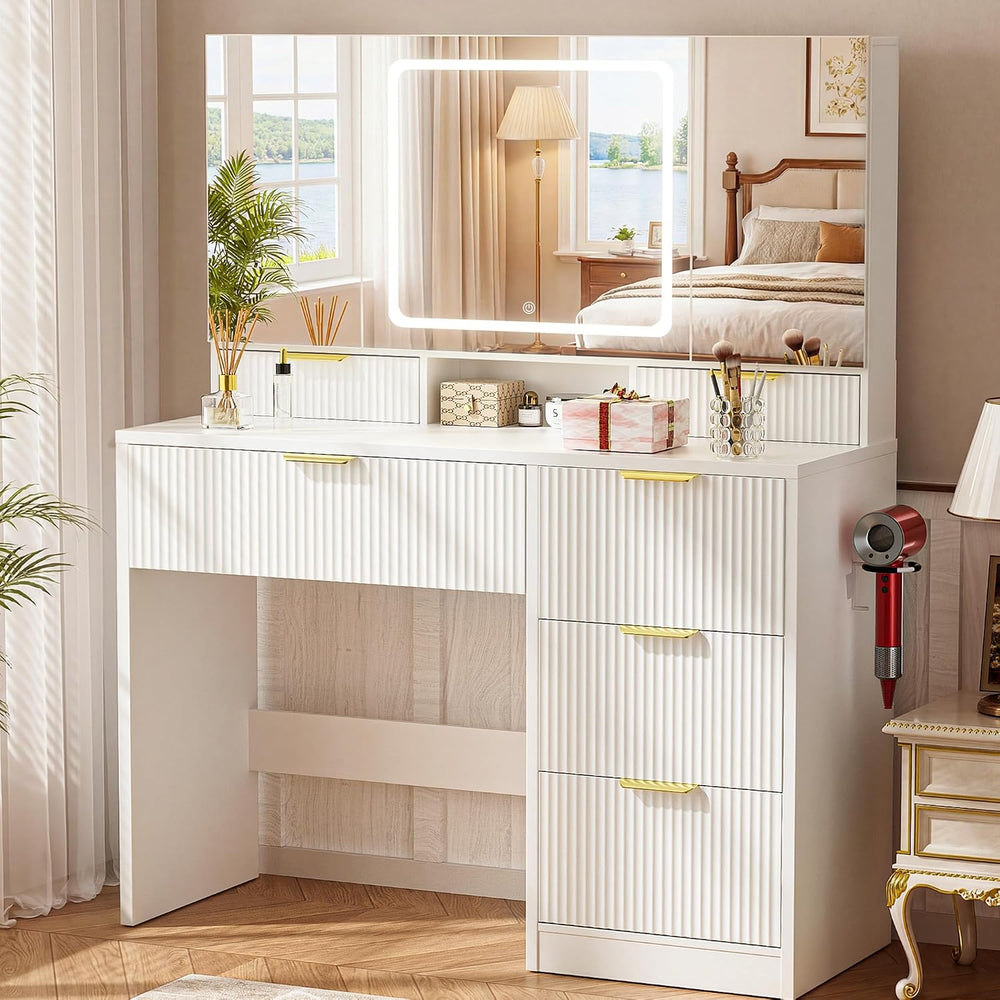 COMHOMA Vanity Desk with 3-Way Mirror and Lights, Makeup Vanity with 360° Vie...