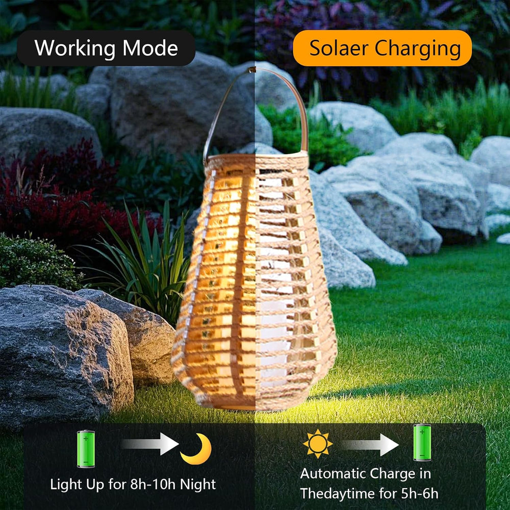 2 Pack Solar Lanterns Outdoor Waterproof, Hand-Woven Hemp Rope,10x5.5 Inch