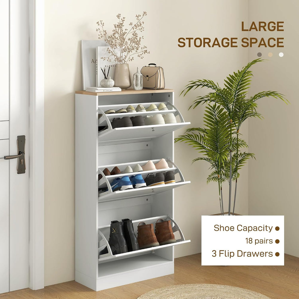 HOMCOM Shoe Storage Cabinet with 3 Flip Drawers, Adjustable Shelves, White