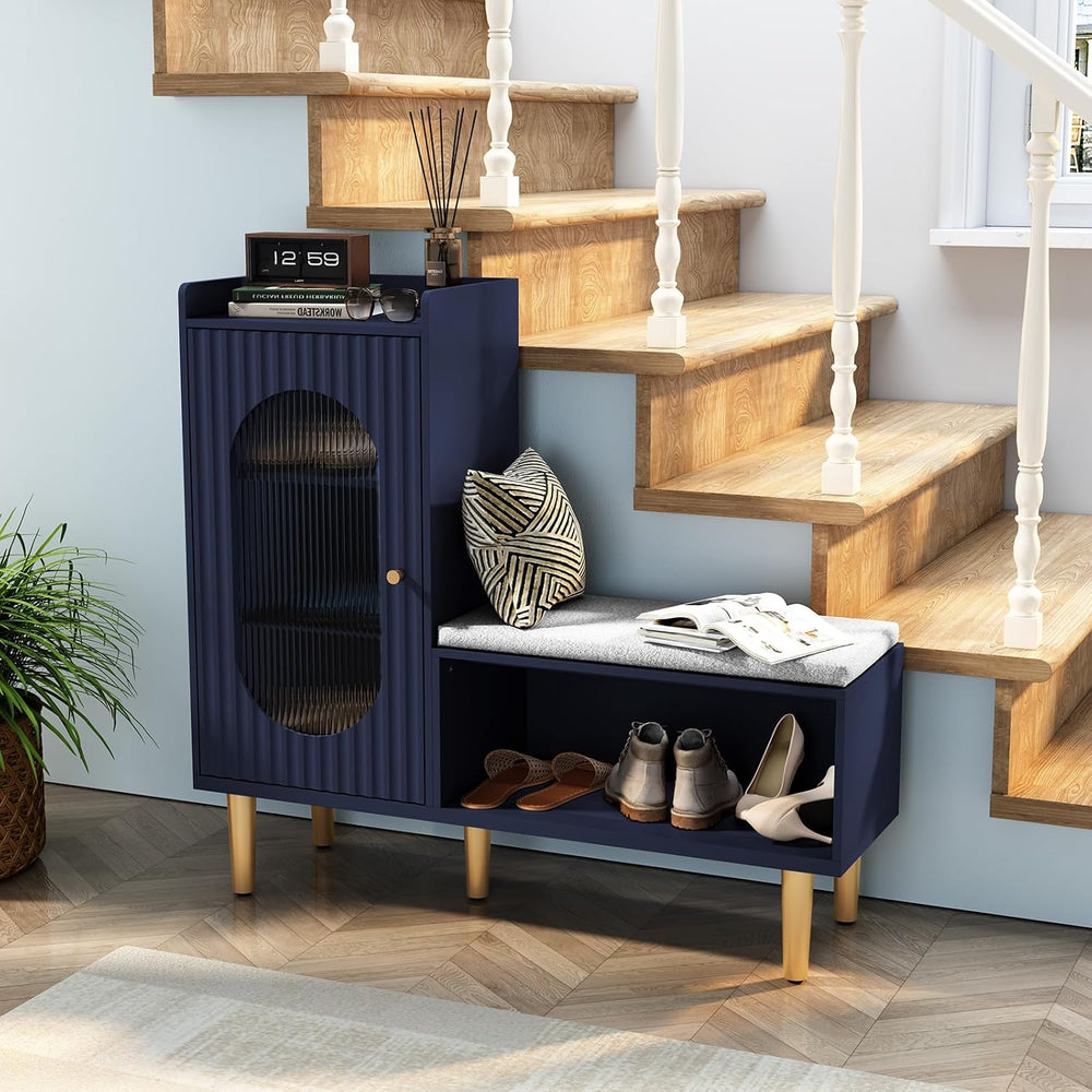 HLR Shoe Storage Bench with Glass Door&Shelf, L-Shaped Shoe Cabinet, Blue