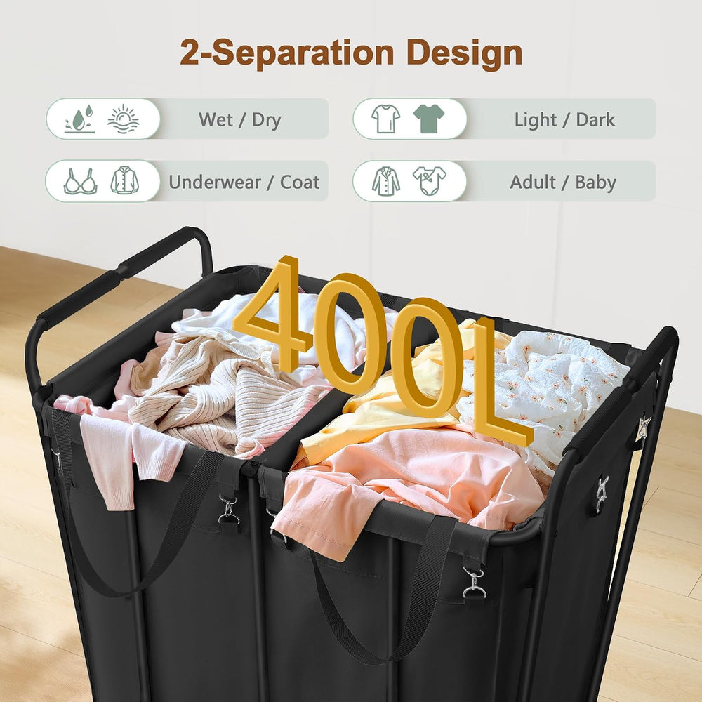 Hoctieon 2 Section Laundry Sorter Cart, 400L Rolling Hamper with Wheels, Indu...