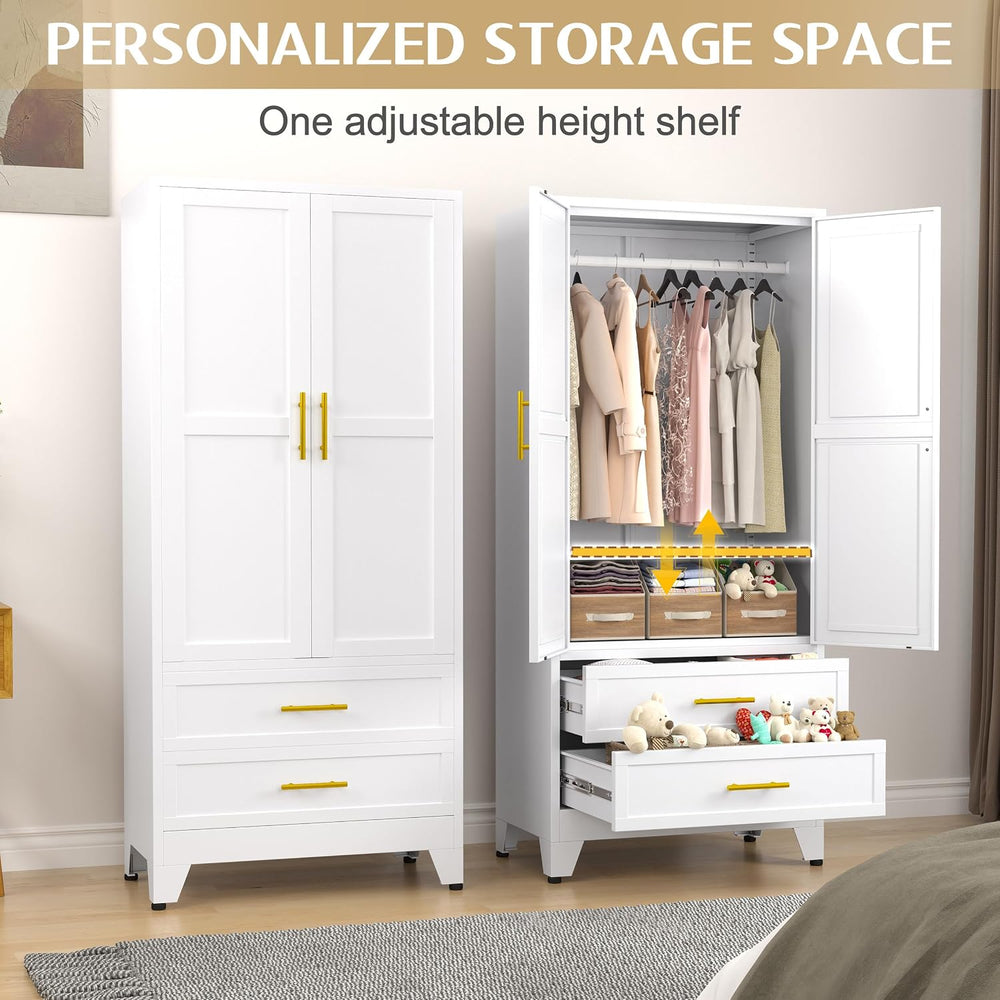 Metal Wardrobe Cabinet with Hanging Rod, Clothing Storage Cabinets