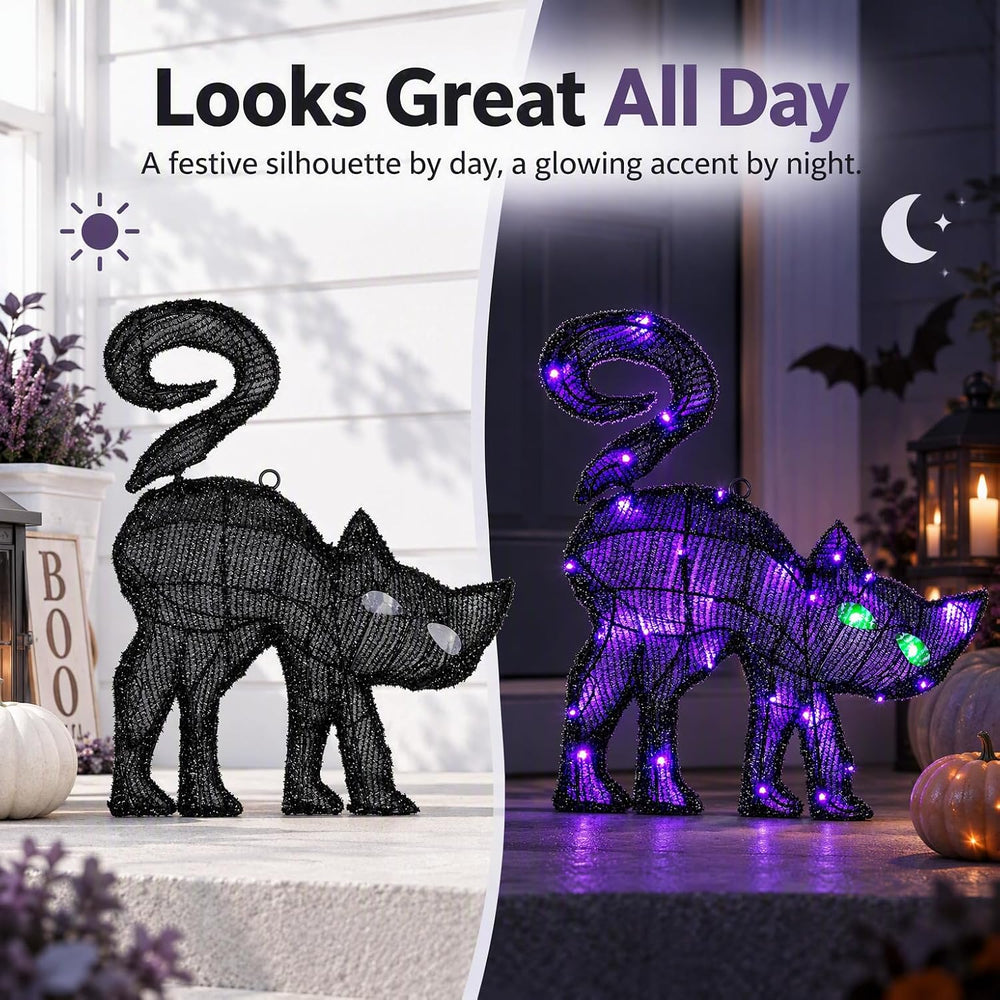 Black Cat Halloween Decor, 17.32 Inch Lighted Hanging Decoration