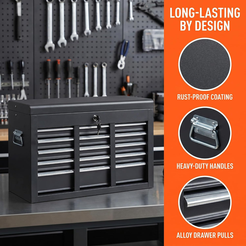 24" Portable Metal Tool Box, 5 Drawers Lockable Toolbox, Black
