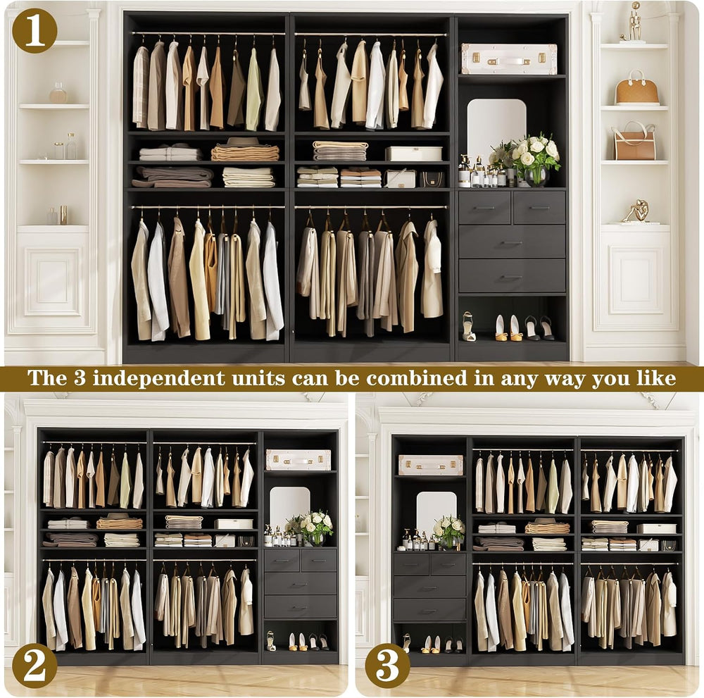Unikito 97” Closet System with Mirror & 4 Drawers, 8.1FT Heavy Duty Wood ...