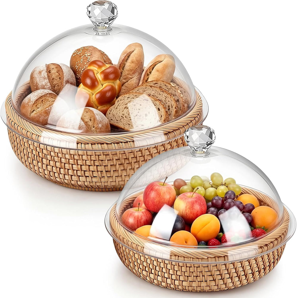 LemonRoad 2 Pcs Natural Rattan Bread Baskets with Acrylic Lid 8.6'' 7...