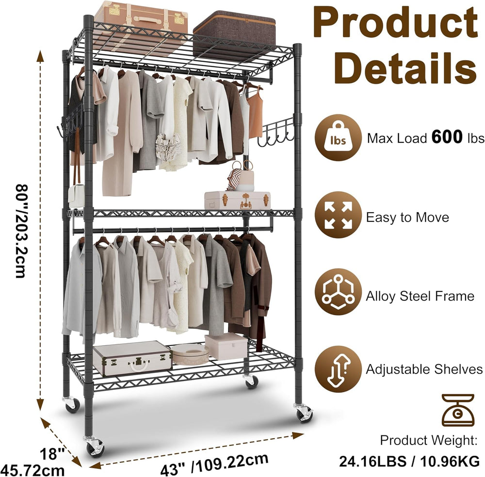 Whitmor 3 Tier Rolling Garment Rack, Heavy Duty Adjustable Metal Clothing Rac...