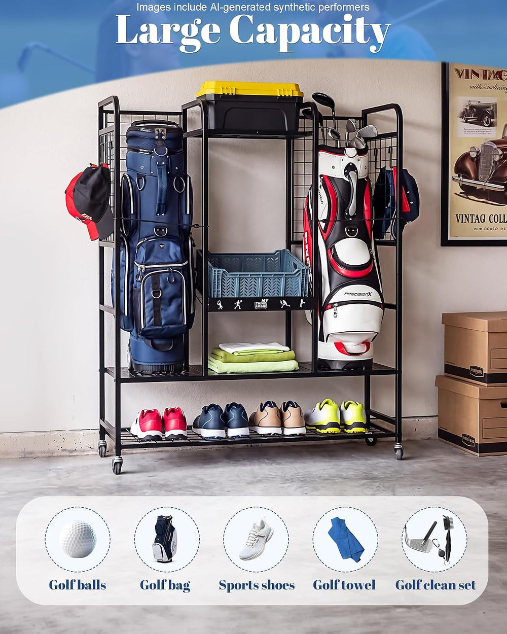 Mythinglogic Golf Bag Storage Rack with Wheels, 2 Golf Bag Garage Organizer