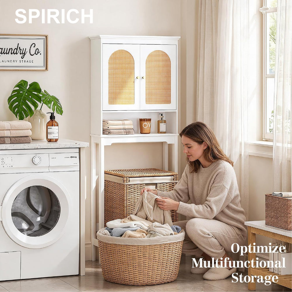 Spirich Over The Toilet Storage Cabinet, Arched Rattan-Style Doors, White