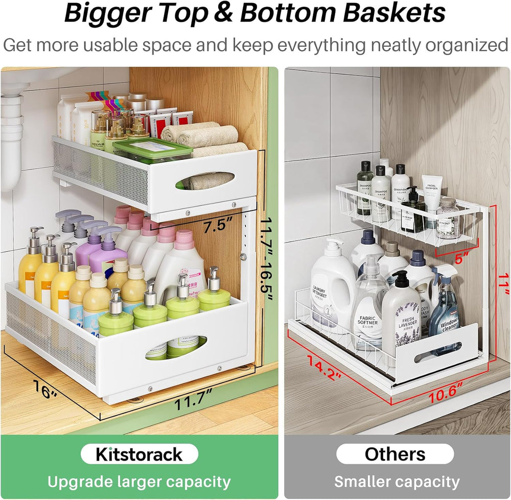 Under Sink Organizer, 2-Pack Pull Out Cabinet Organizer 2 Tier Metal Slide Ou...