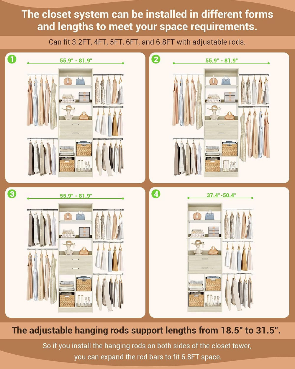 Besiost Small Closet System, 3.2-6.8FT Small Closet Organizer with 5 Hanging ...