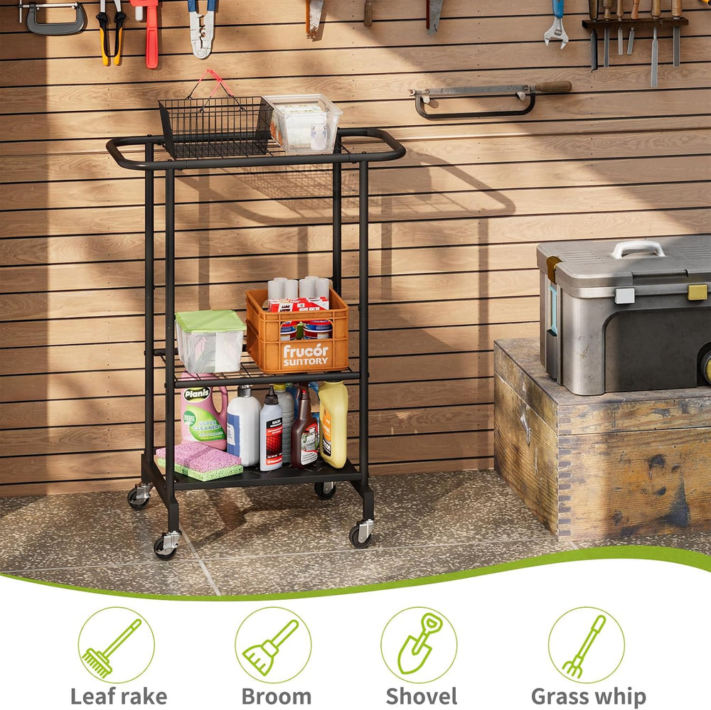 3-Tier Garden Tool Organizer with Wheels, Garage Floor Rolling Storage Cart o...