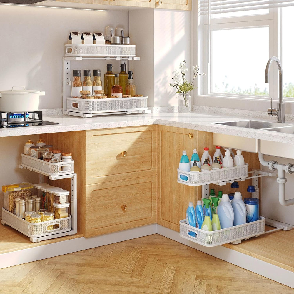 2 Pack Under Sink Organizer With Smooth Cylindrical Rail,2-Tier Pull Out Mult...
