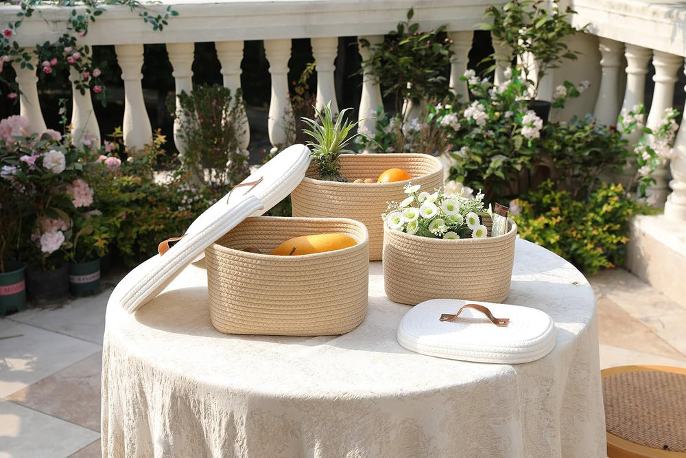 Cottonphant Set of 3 Nesting Cotton Rope Baskets with Lids, Decorative Woven ...