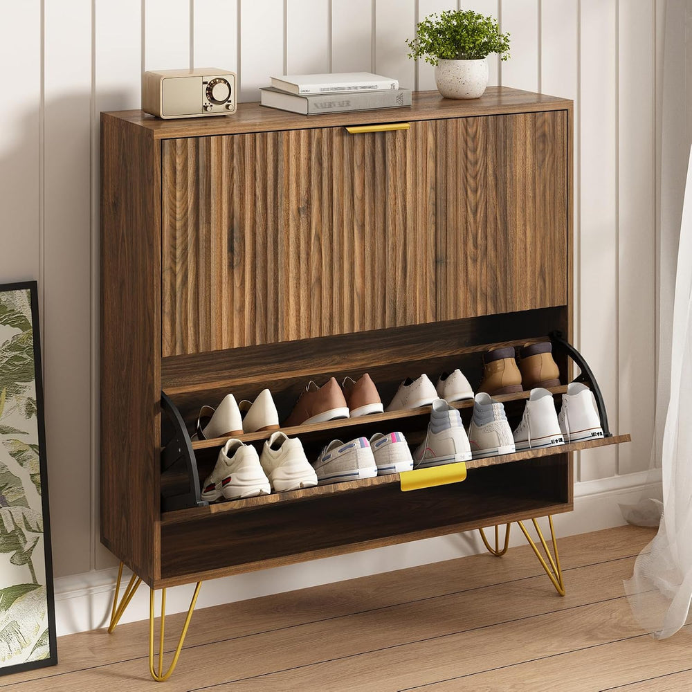 34.4" H Fluted Shoe Storage Cabinet with 2 Flip Drawers for Entryway, Wa...