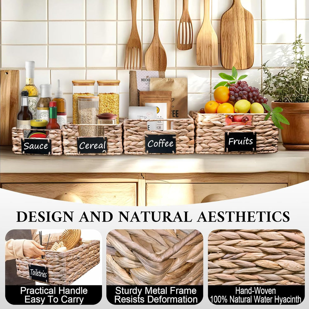 Set of 4 Sizes Hand-Woven Pantry Shelf Baskets, Hyacinth Storage Baskets with...