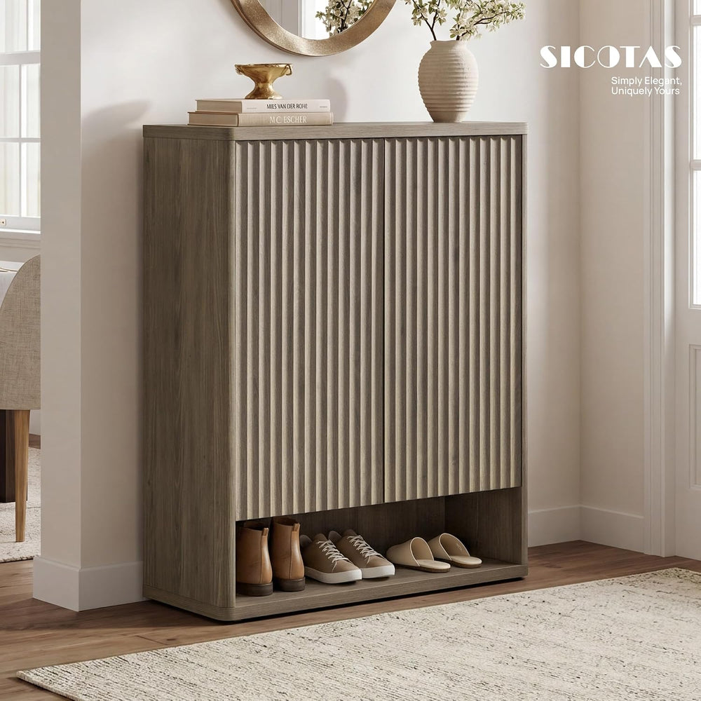 SICOTAS Shoe Cabinet 44 inch Tall Fluted Shoe Cabinet with Doors & 4 Shel...
