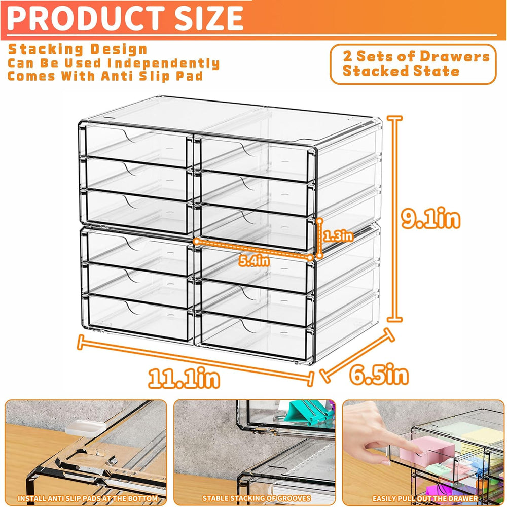 Yieach 2 Pack Acrylic Storage Drawers With 12 Small Drawer,Stackable Office C...