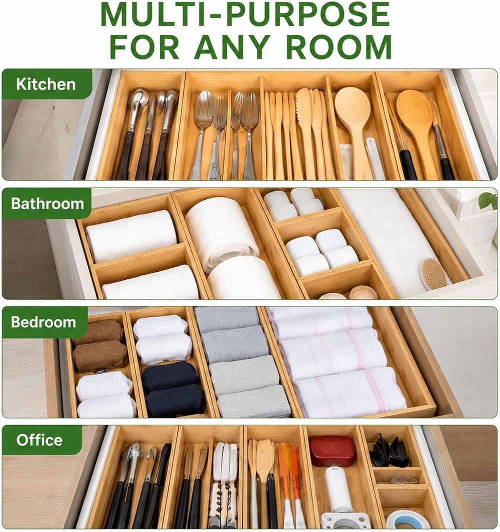 LEIMO KPARTS 8 Pcs Bamboo drawer Organizer Storage Box, Bin Set - Multi-Use b...