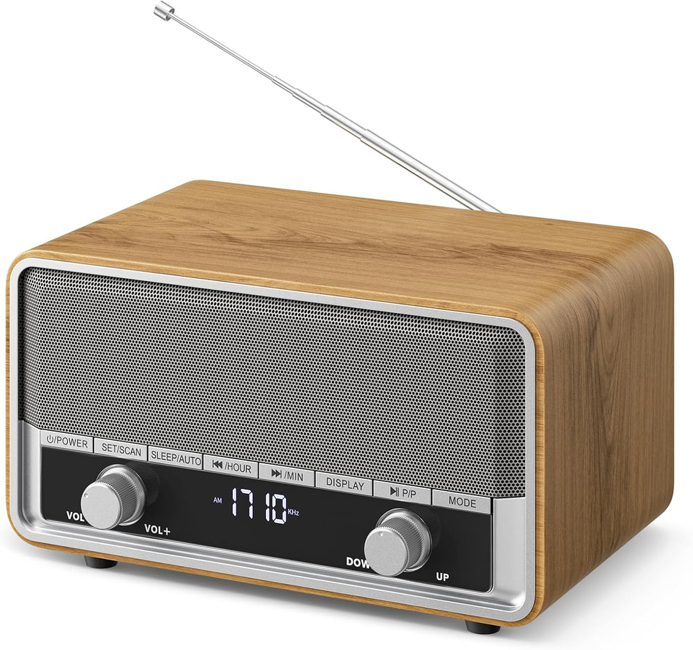 Vintage Wood AM FM Bluetooth Radio with Clear LCD Display