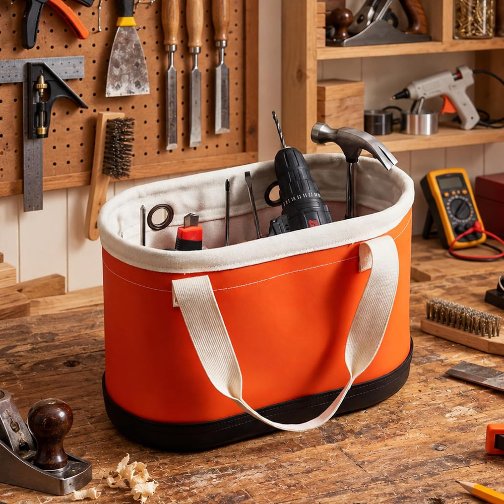 Oval Bucket Tool Organizer with 2 Hooks, 14 Pockets, Lineman