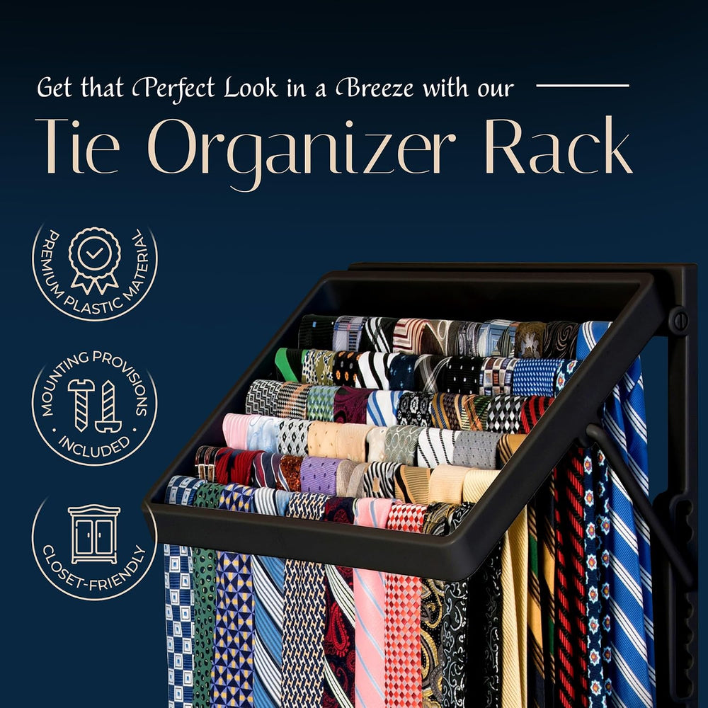 TieMaster Wall Mounted Tie Rack and Scarf Organizer with 5 Belt Hooks