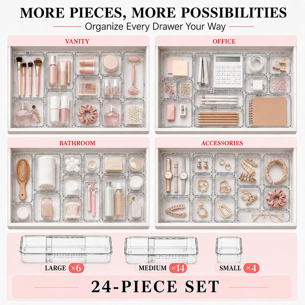 24 Pcs Clear Adjustable Drawer Organizer, 3-Size Expandable Desk Drawer Organ...