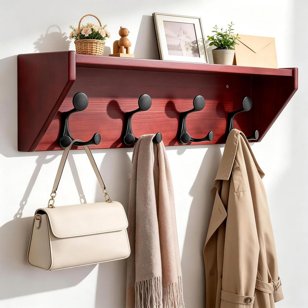 SKOLOO Wall Shelf with Hooks, 24-Inch Cherry Coat Rack Wall Mount with Shelf ...