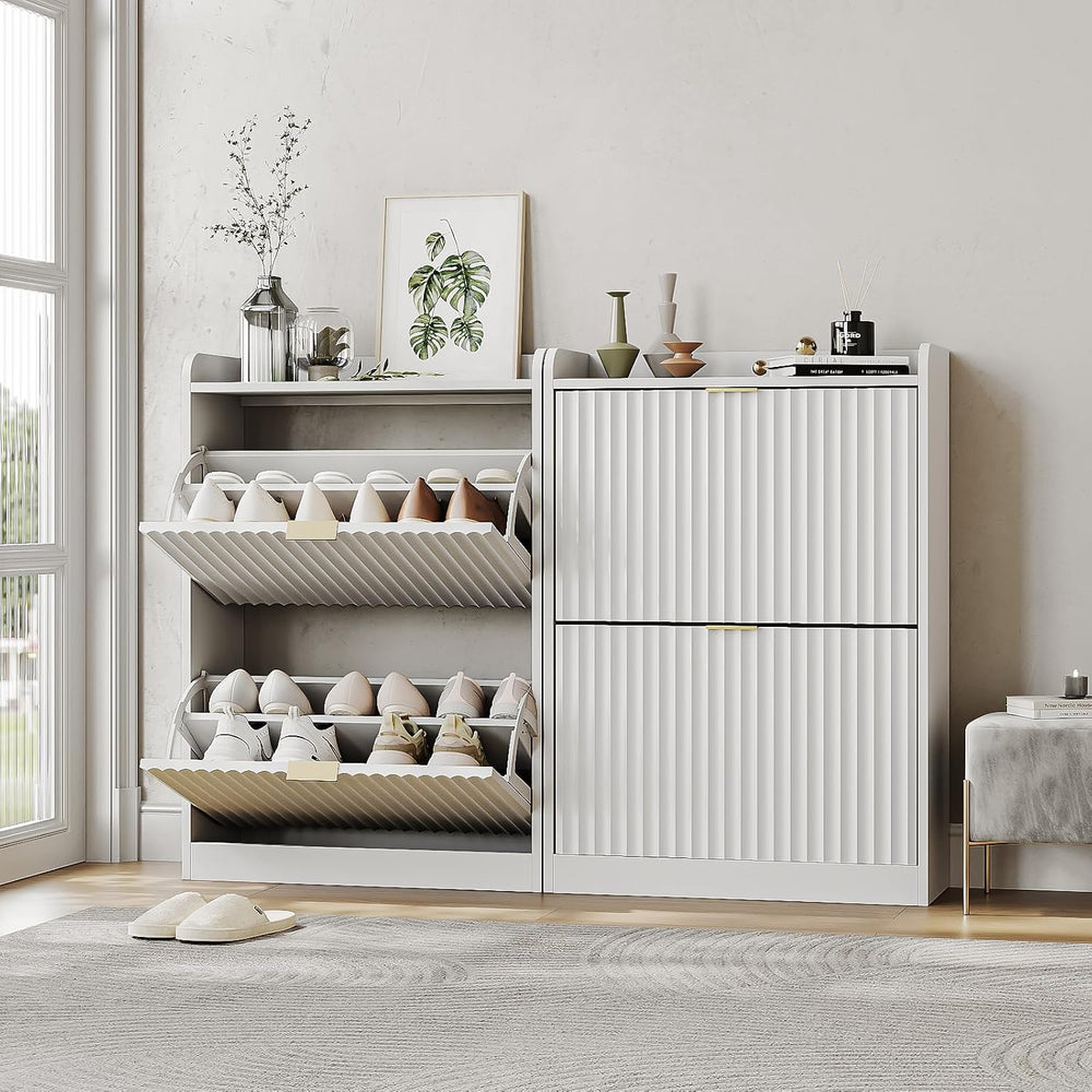 White Fluted Shoe Cabinet, Narrow Entryway Storage Rack Organizer