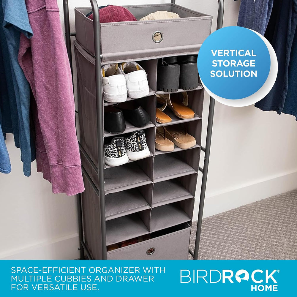 BIRDROCK HOME 12 Cubby Vertical Shoe Rack Organizer with Large Drawer - Grey ...