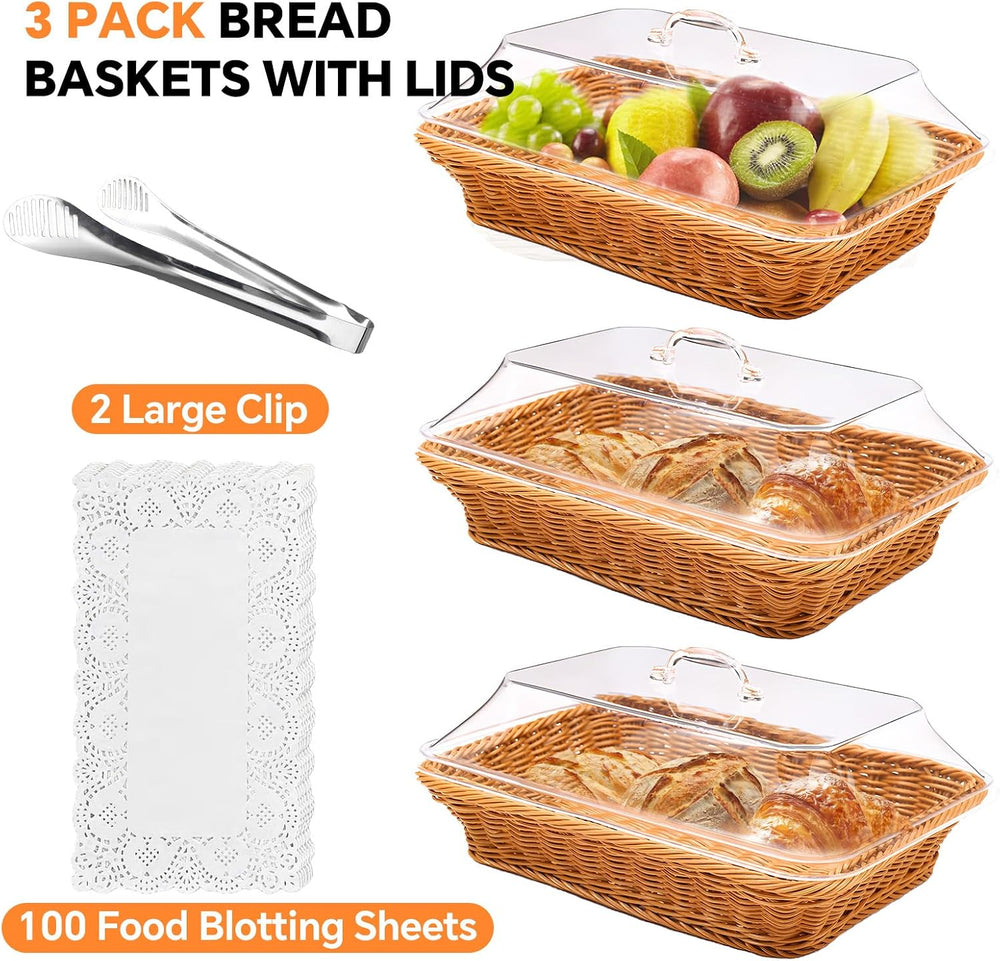 Rattan Bread Baskets, 3 Pack, rectangular Woven Baskets with Acrylic Lids, 13...