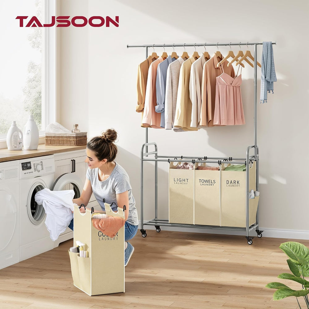 Tajsoon Laundry Hamper with Hanging Rack, Laundry Sorter 4 Sections, Beige