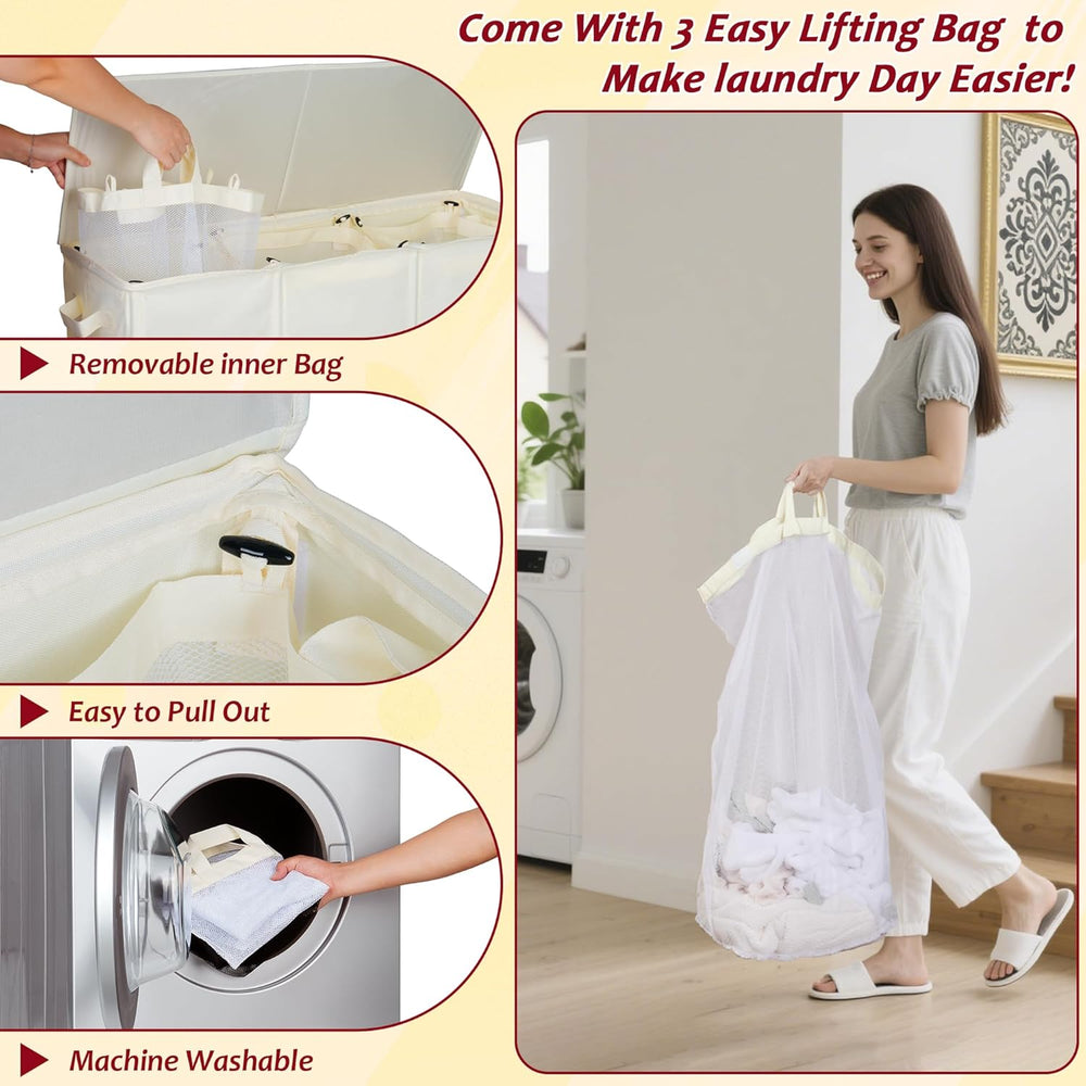 220L Laundry Hamper 3 Section,Large Laundry Hamper with Lid,Dirty Clothes Ham...
