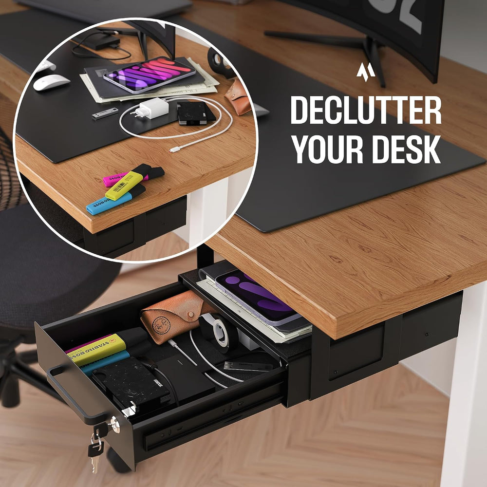 Under Desk Drawer Slide-Out - Lockable Metal Storage Drawers with Cable Manag...