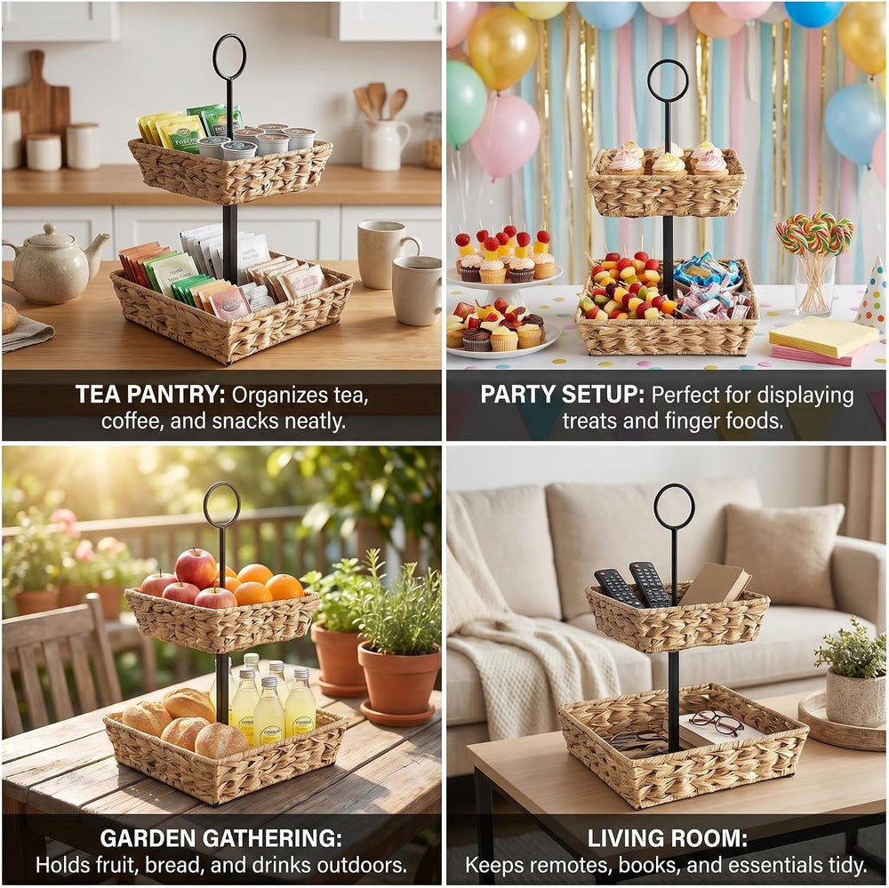 2-Tier Round Faux Rattan Wicker Storage Basket with Metal Frame, Countertop O...