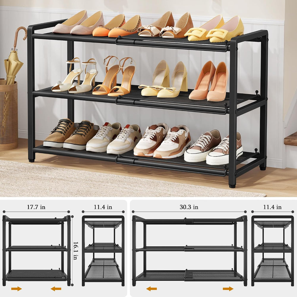 Gewudraw Expandable Metal Shoe Rack for Closet, 3-Tier Shoe Organizer,Black