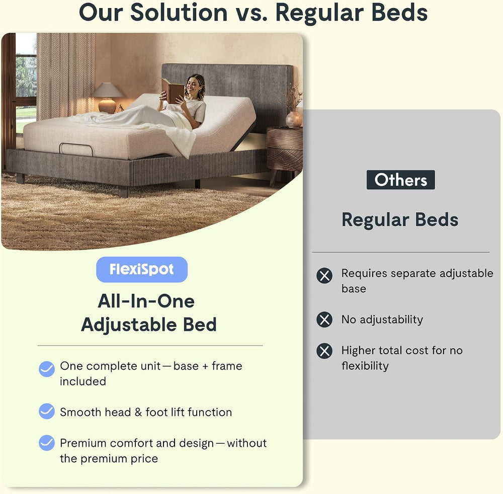FLEXISPOT Queen Adjustable Bed with Velvet Upholstered Frame, Dark Grey