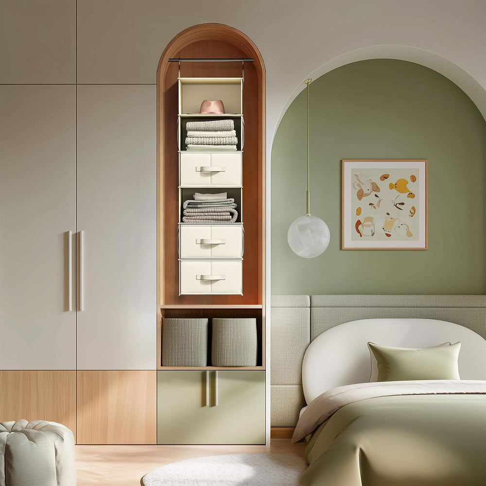 Vailando 6-Shelf Hanging Closet Organizer with 3 Fabric Drawers, Beige