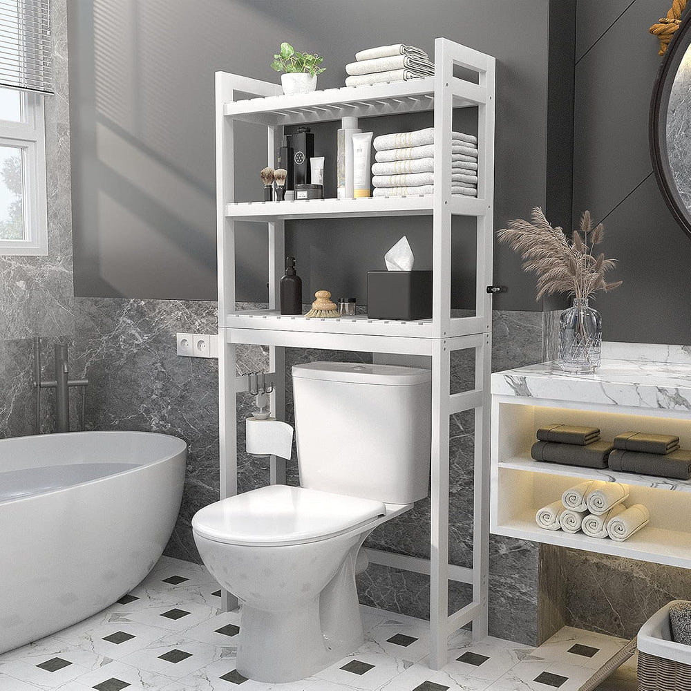 Over The Toilet Storage, 3-Tier Bamboo Bathroom Shelf, White