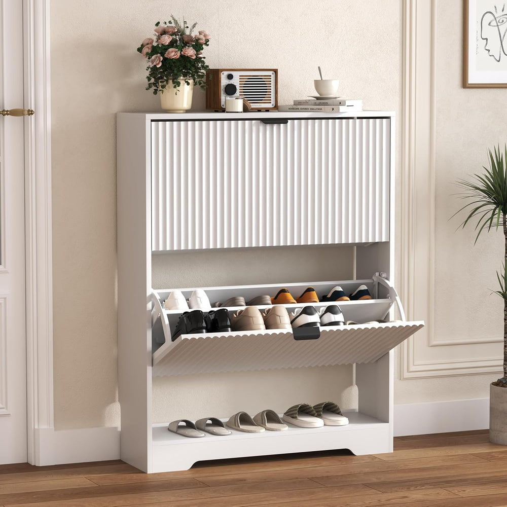 HUANLEGO Shoe Cabinet Storage for Entryway with 2 Flip Drawers, White Fluted ...