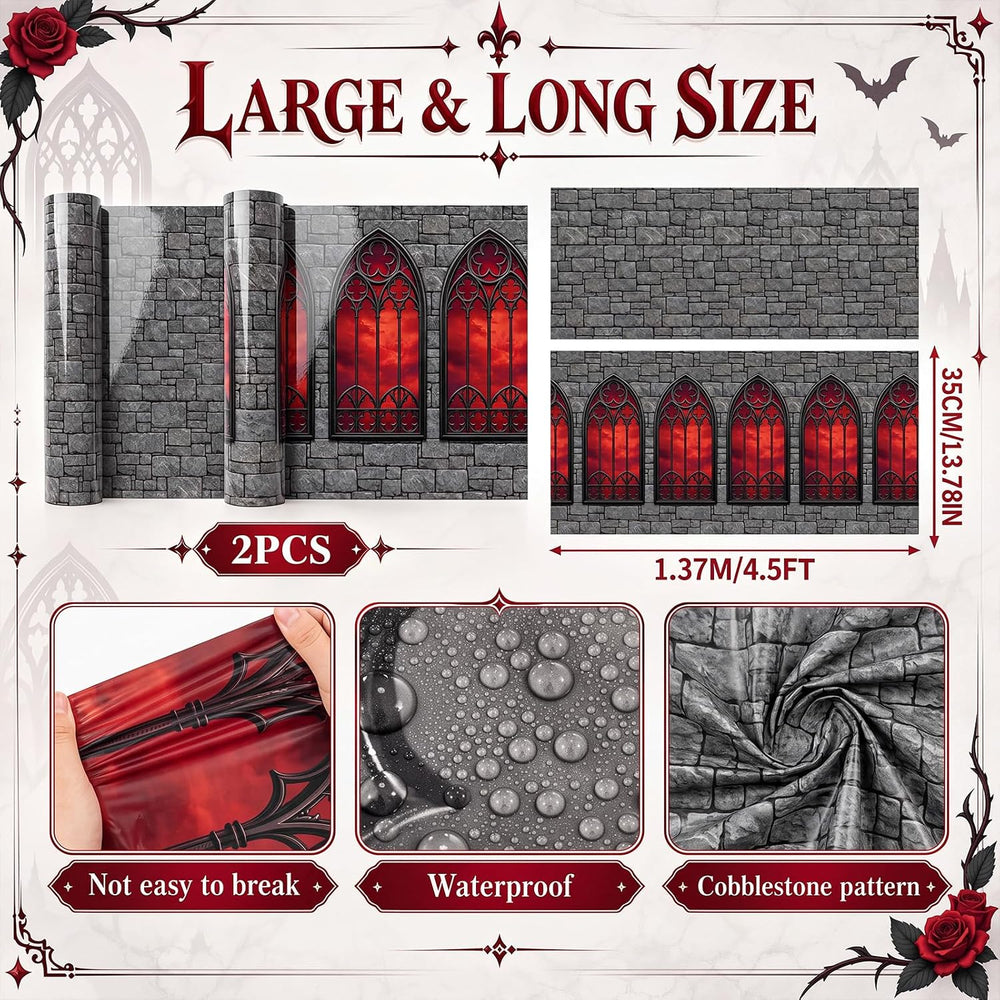 Tegeme 200Ft x 54 in Halloween Gothic Backdrop Roll Castle Brick Tablecloth