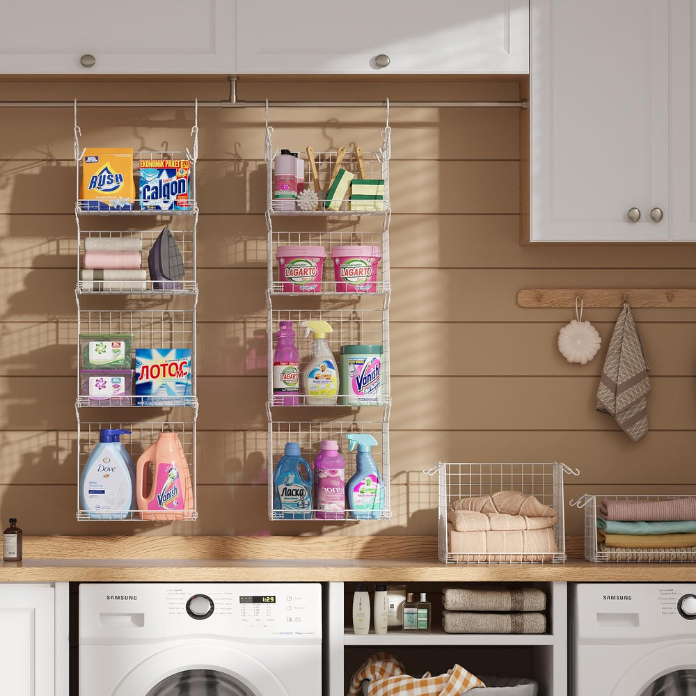 4-Tier Hanging Laundry Room Organizer: Foldable Wire Shelf Basket with 2 Larg...