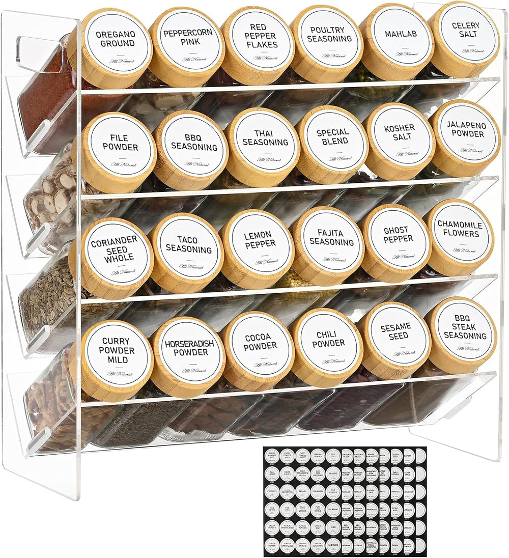 4-Tier Acrylic Spice Rack Organizer with 24 Glass Spice Jars and Wooden Lids,...