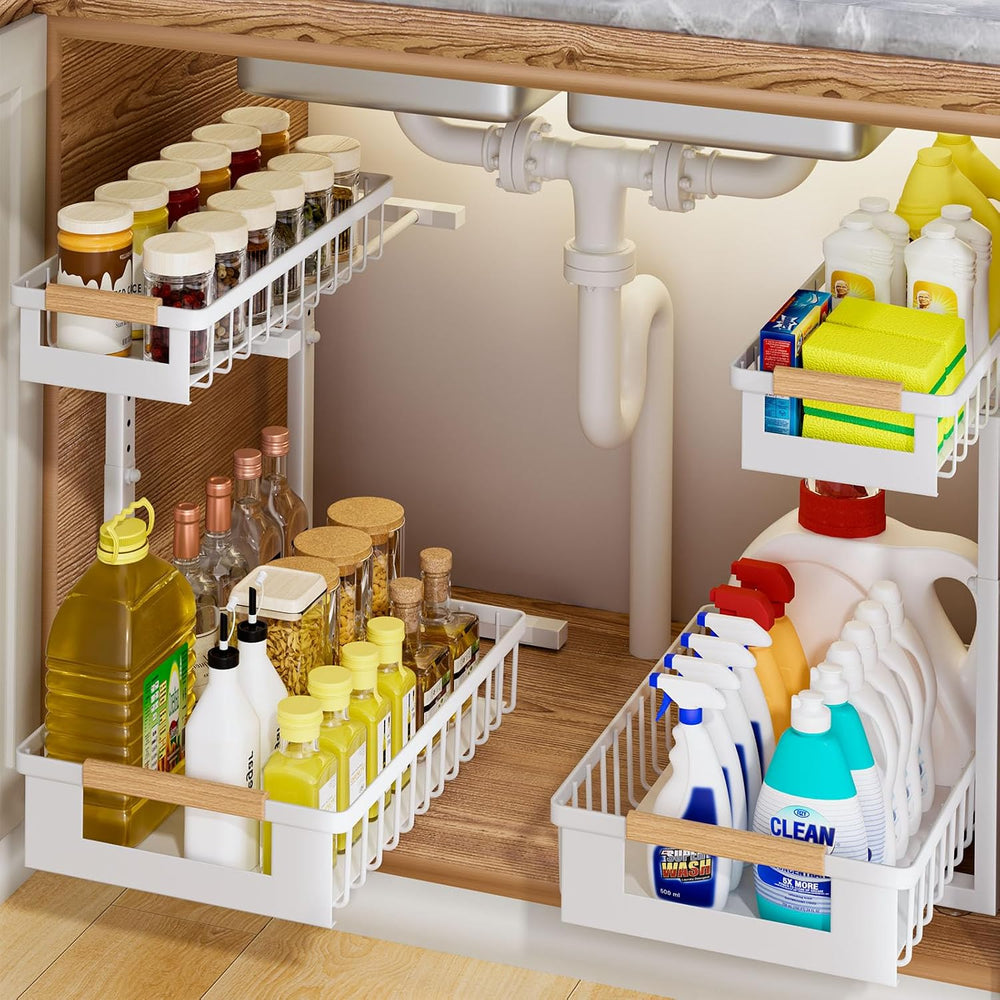 2 Pack Under Sink Organizer, 2 Tier Pull Out Cabinet Organizer with 5-Level A...