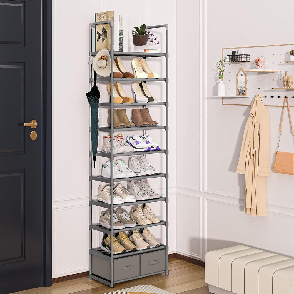 OYREL Tall Shoe Rack Narrow 10 Tier Shoes Rack 20 25 Pairs + 2 Boxes 1 Hook