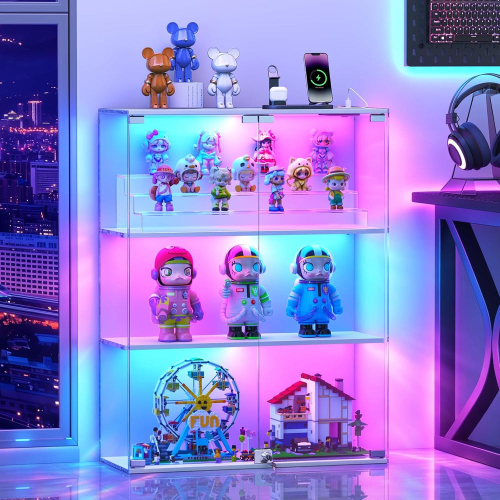 VersionTECH. Glass Display Cabinet with RGB LED Lights, Full-View Display, 3-...