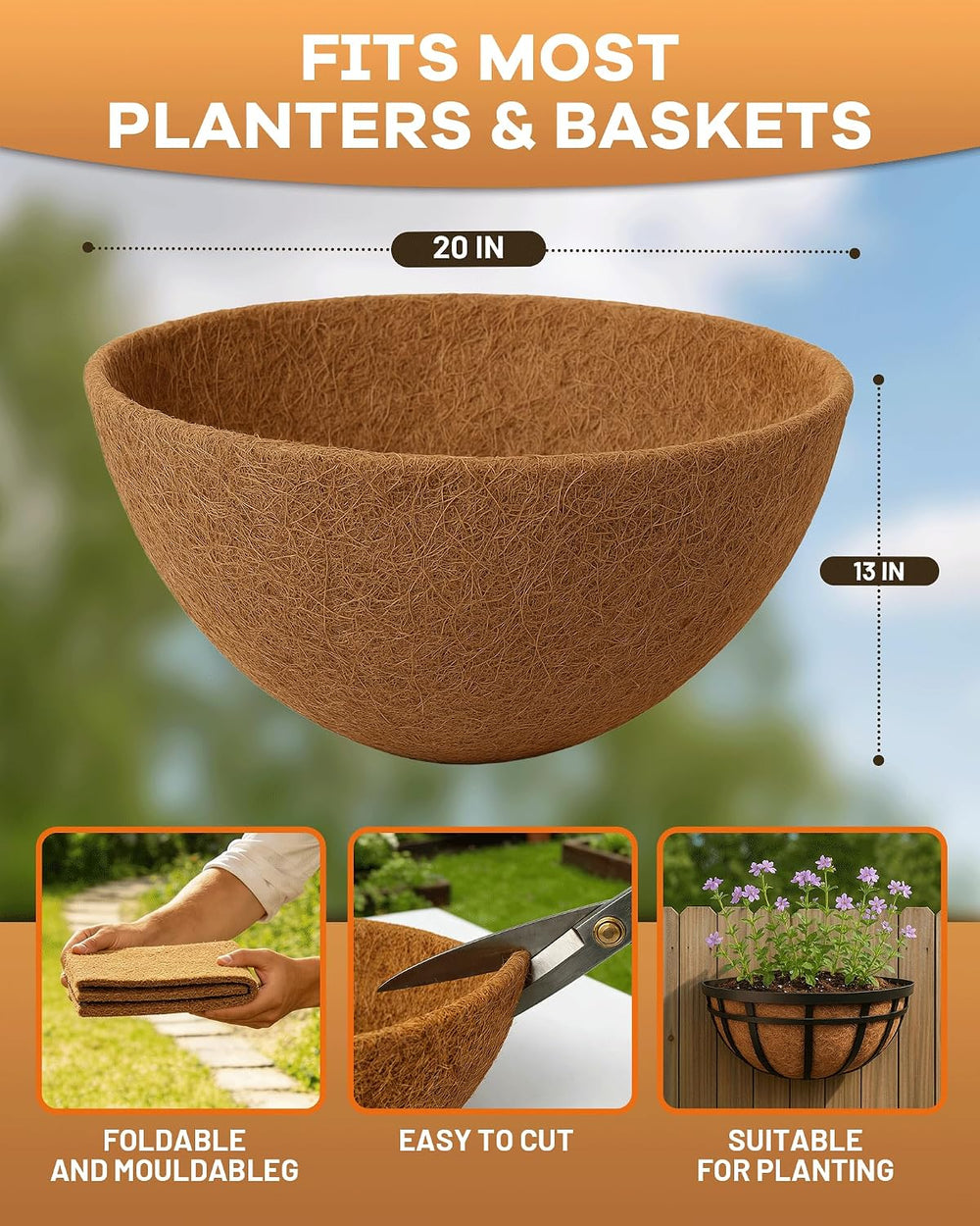 20 Inch Coconut Fiber for Plants, Round Pre-Formed Coco Planter Liner, Thick ...